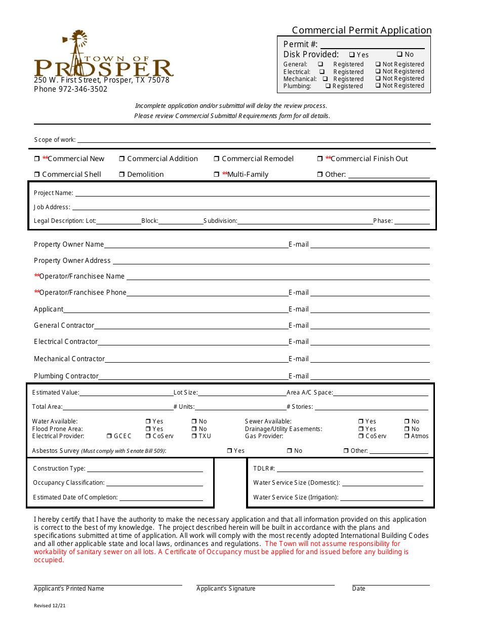 Commercial Permit Application - Town of Prosper, Texas, Page 1