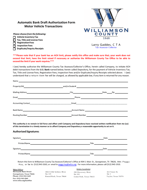 Automatic Bank Draft Authorization Form - Motor Vehicle Transactions - Williamson County, Texas Download Pdf