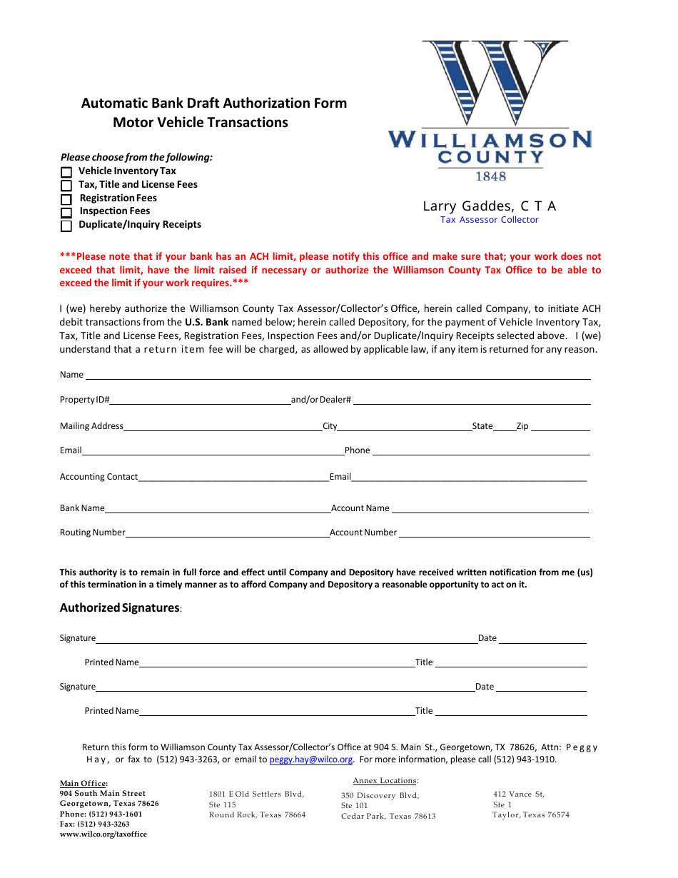 Automatic Bank Draft Authorization Form - Motor Vehicle Transactions - Williamson County, Texas, Page 1