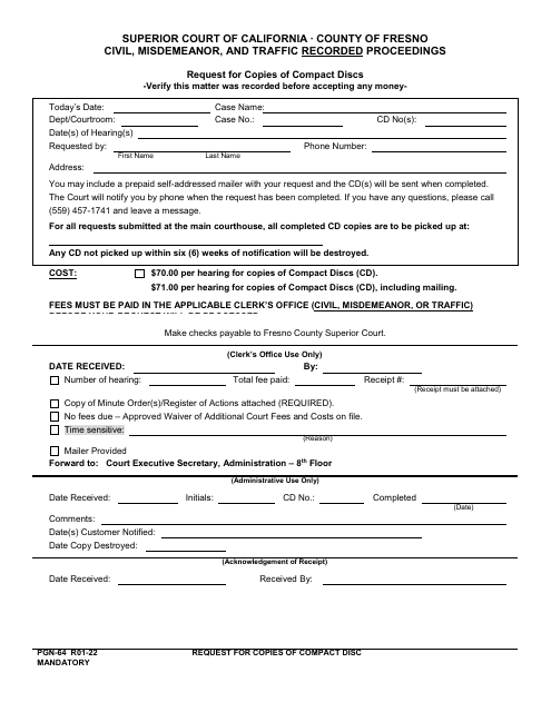 Form PGN-64 Request for Copies of Compact Discs - County of Fresno, California