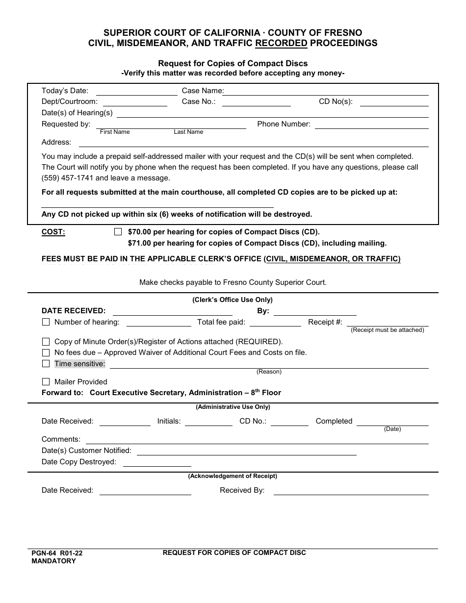Form PGN-64 Request for Copies of Compact Discs - County of Fresno, California, Page 1