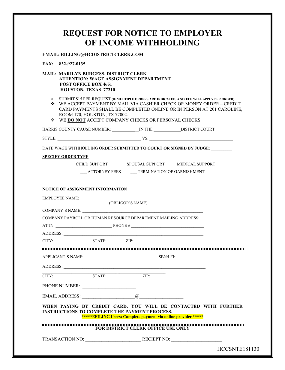 Harris County, Texas Request for Notice to Employer of