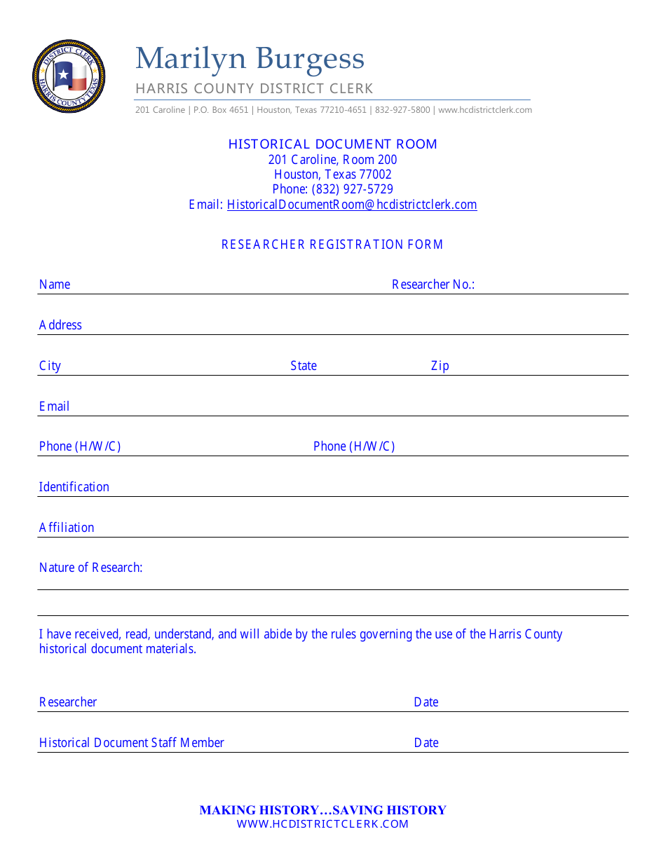 Researcher Registration Form - Harris County, Texas, Page 1