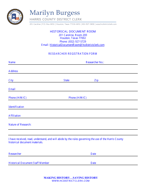 Researcher Registration Form - Harris County, Texas Download Pdf