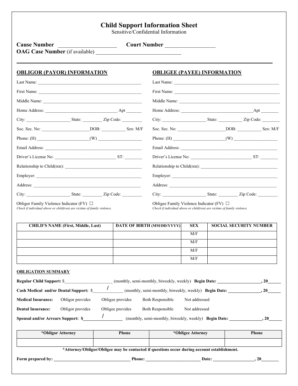 Child Support Information Sheet - Harris County, Texas, Page 1