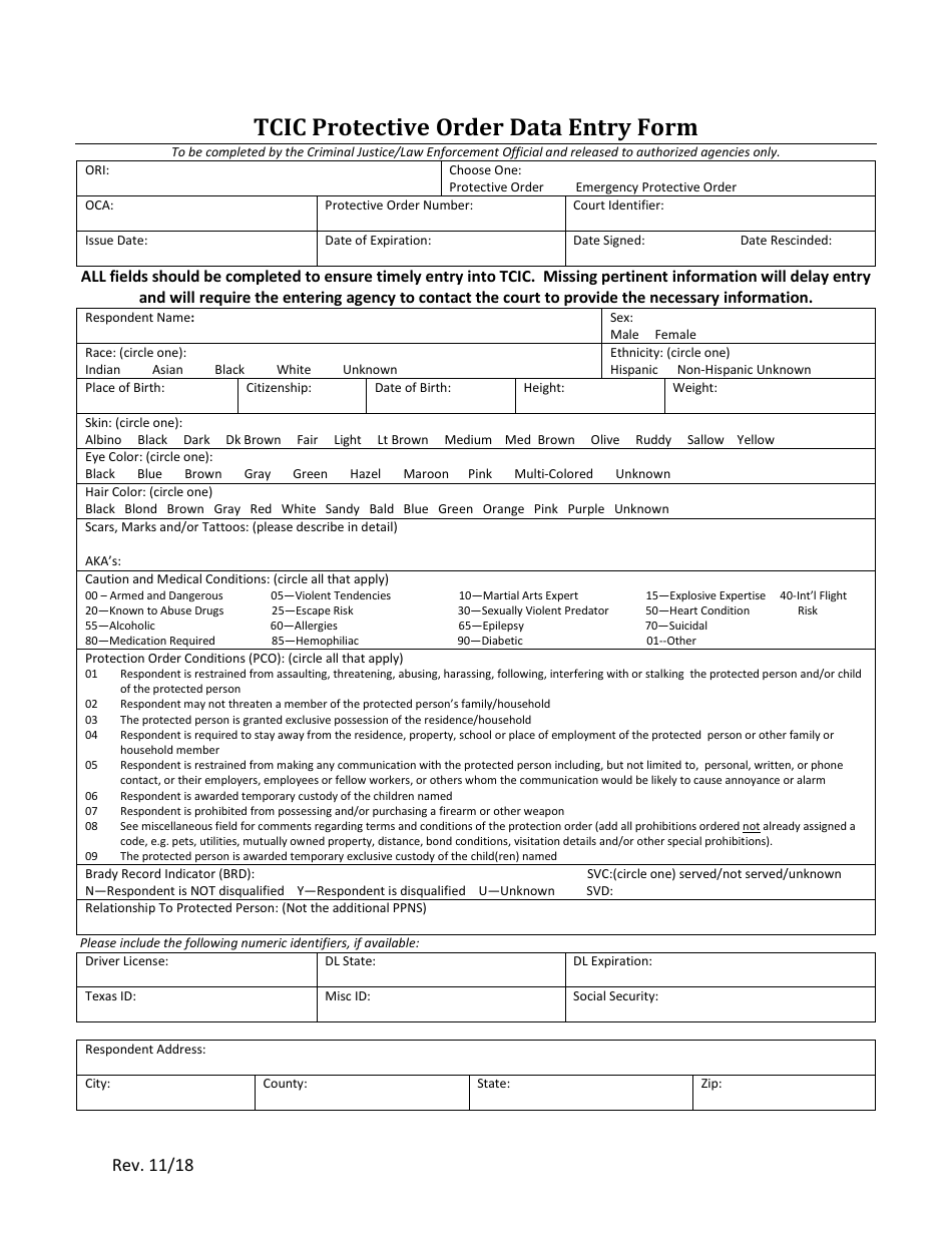 Tcic Protective Order Data Entry Form - Collin County, Texas, Page 1