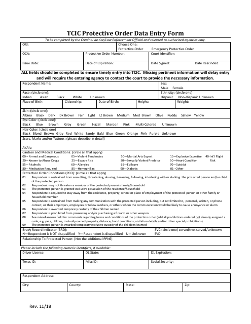 Tcic Protective Order Data Entry Form - Collin County, Texas Download Pdf