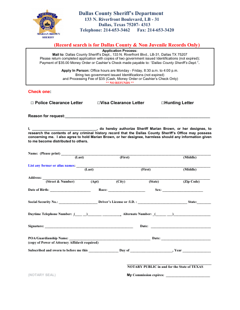Police Clearance Letter - Dallas County, Texas Download Pdf