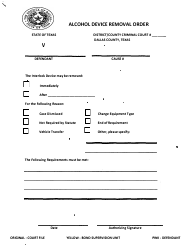 Document preview: Alcohol Device Removal Order - Dallas County, Texas