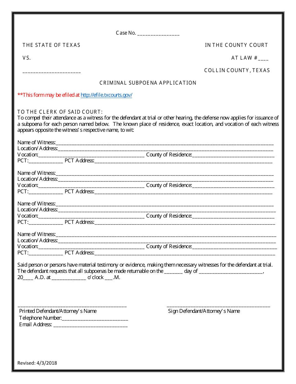 Collin County, Texas Criminal Subpoena Application Fill Out, Sign