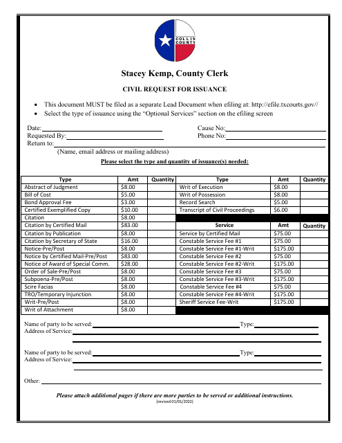 Civil Request for Issuance - Collin County, Texas Download Pdf
