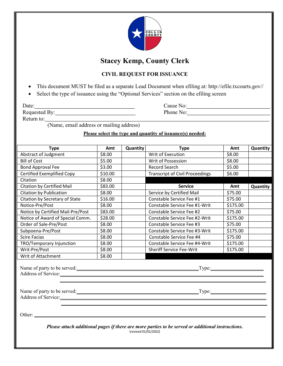 Collin County, Texas Civil Request for Issuance Fill Out, Sign Online