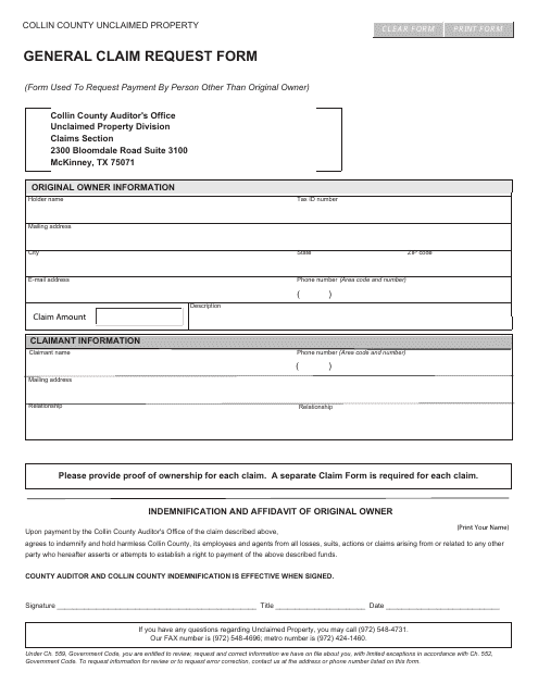 General Claim Request Form - Collin County, Texas Download Pdf