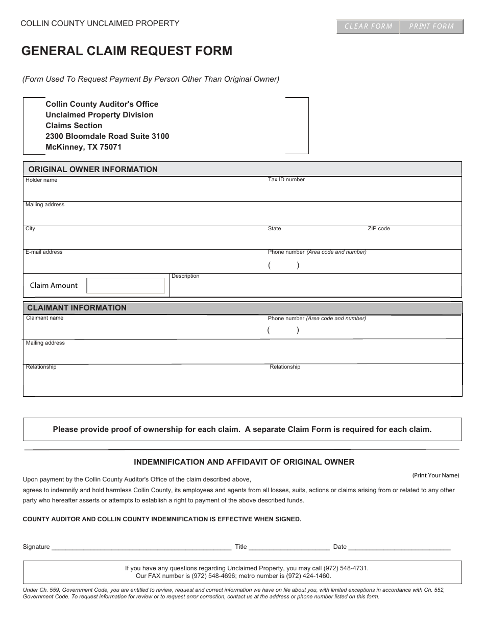 General Claim Request Form - Collin County, Texas, Page 1