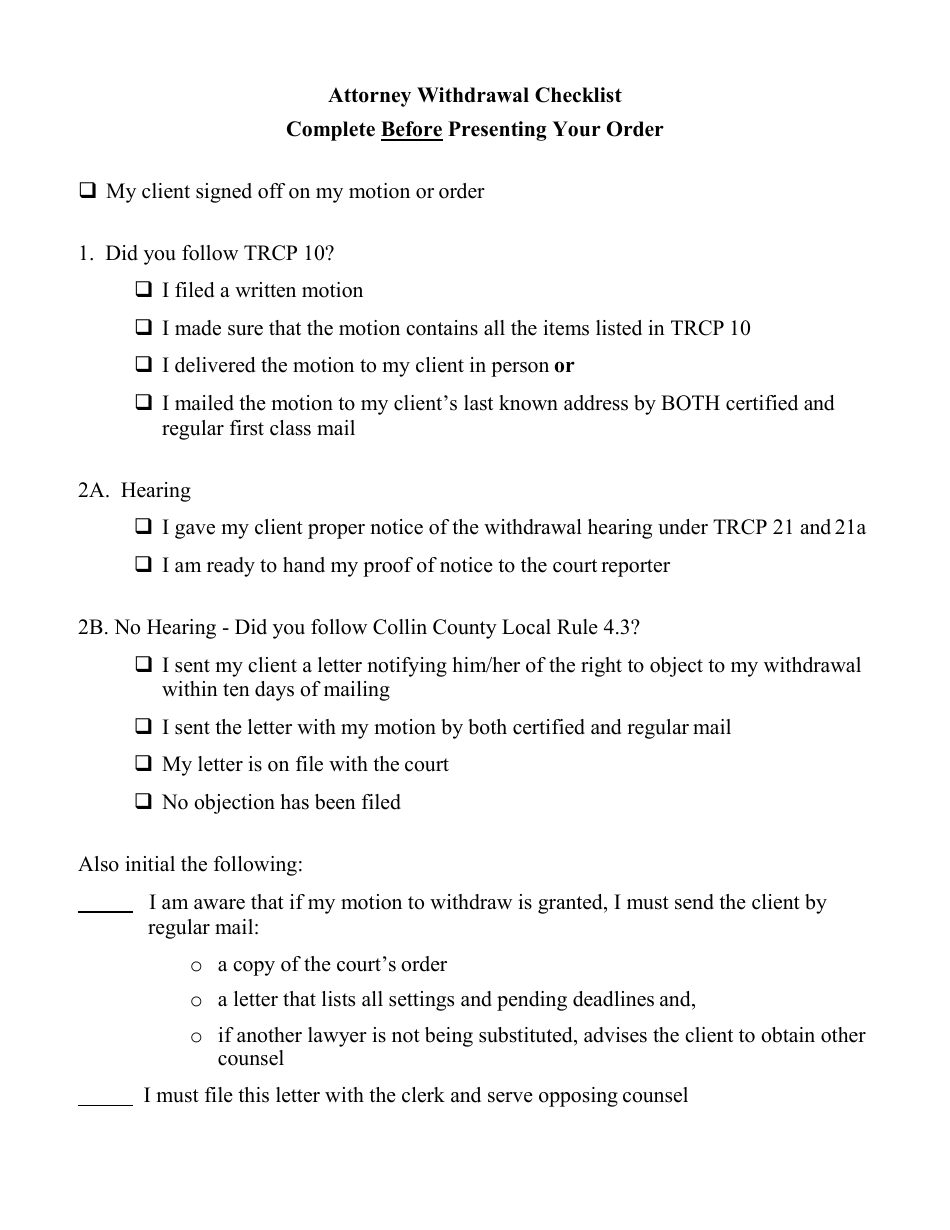Attorney Withdrawal Checklist - Collin County, Texas, Page 1