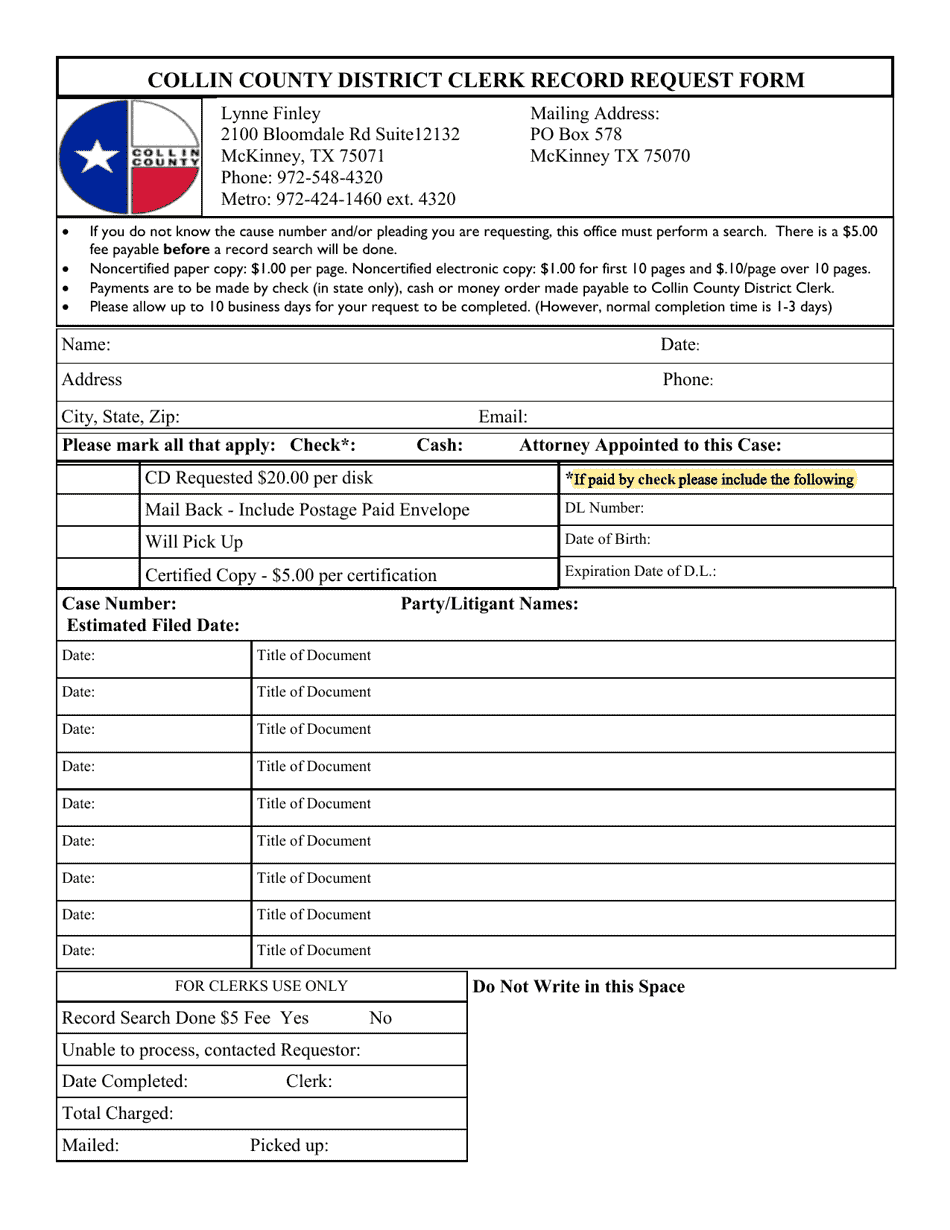 Record Request Form - Collin County, Texas, Page 1