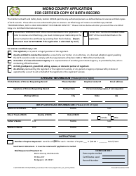 Document preview: Application for Certified Copy of Birth Record - Mono County, California