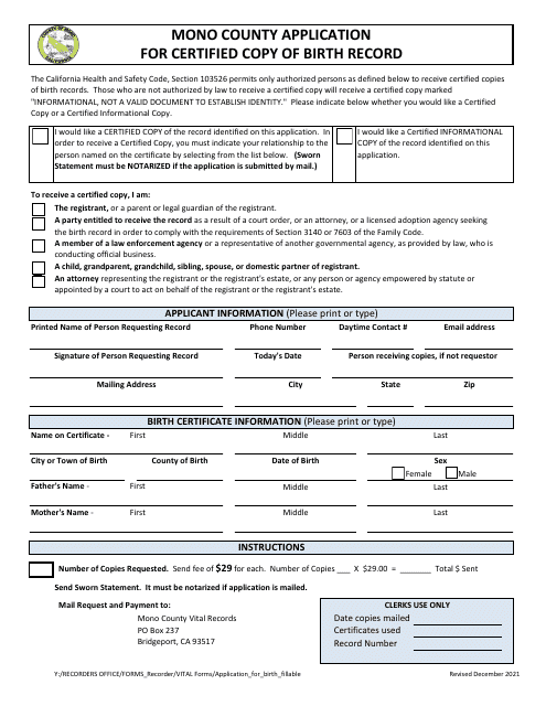 Application for Certified Copy of Birth Record - Mono County, California