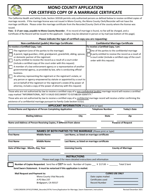 Application for Certified Copy of a Marriage Certificate - Mono County, California Download Pdf