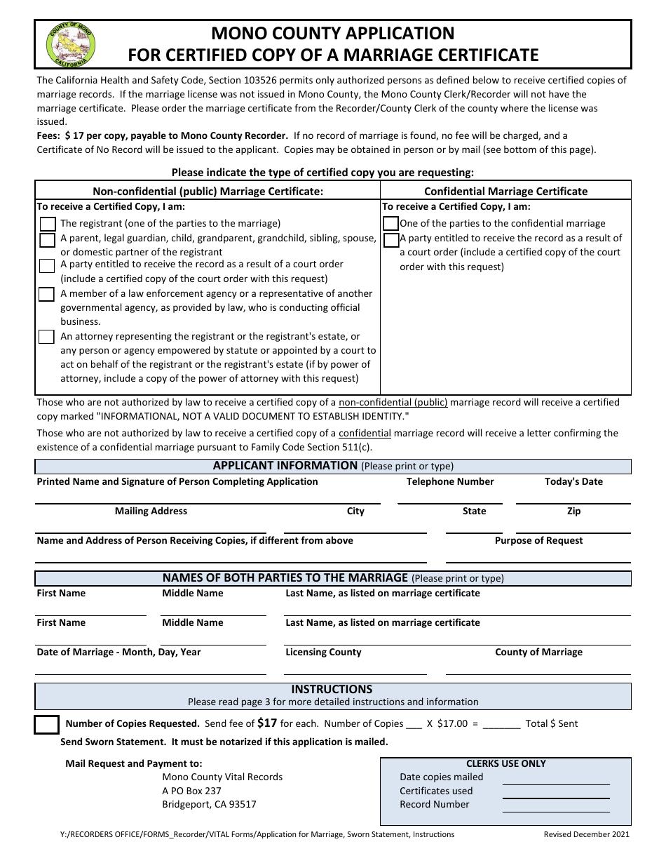 Mono County, California Application for Certified Copy of a Marriage Certificate - Fill Out ...