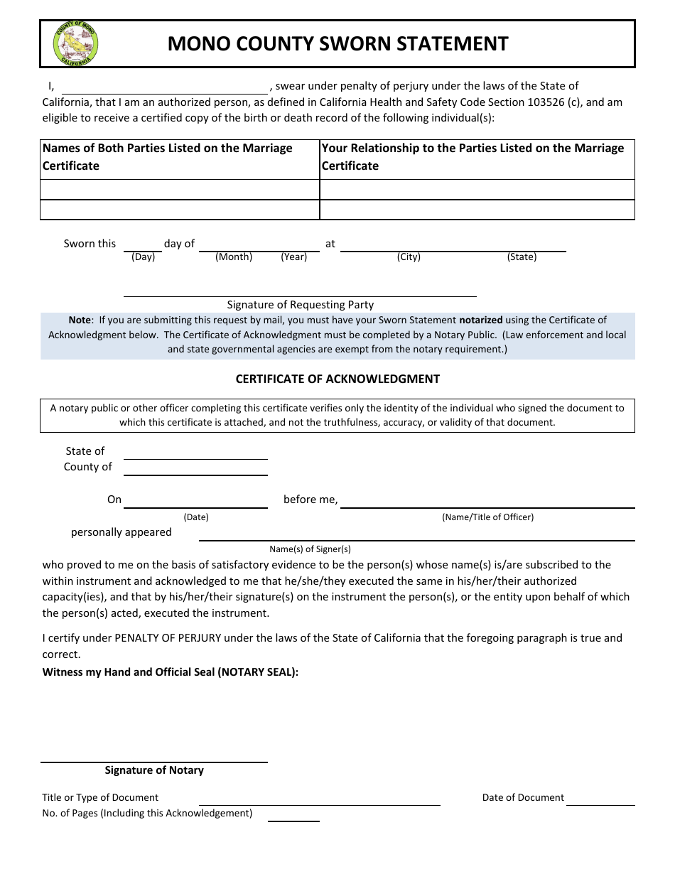 Mono County, California Application for Certified Copy of a Marriage ...