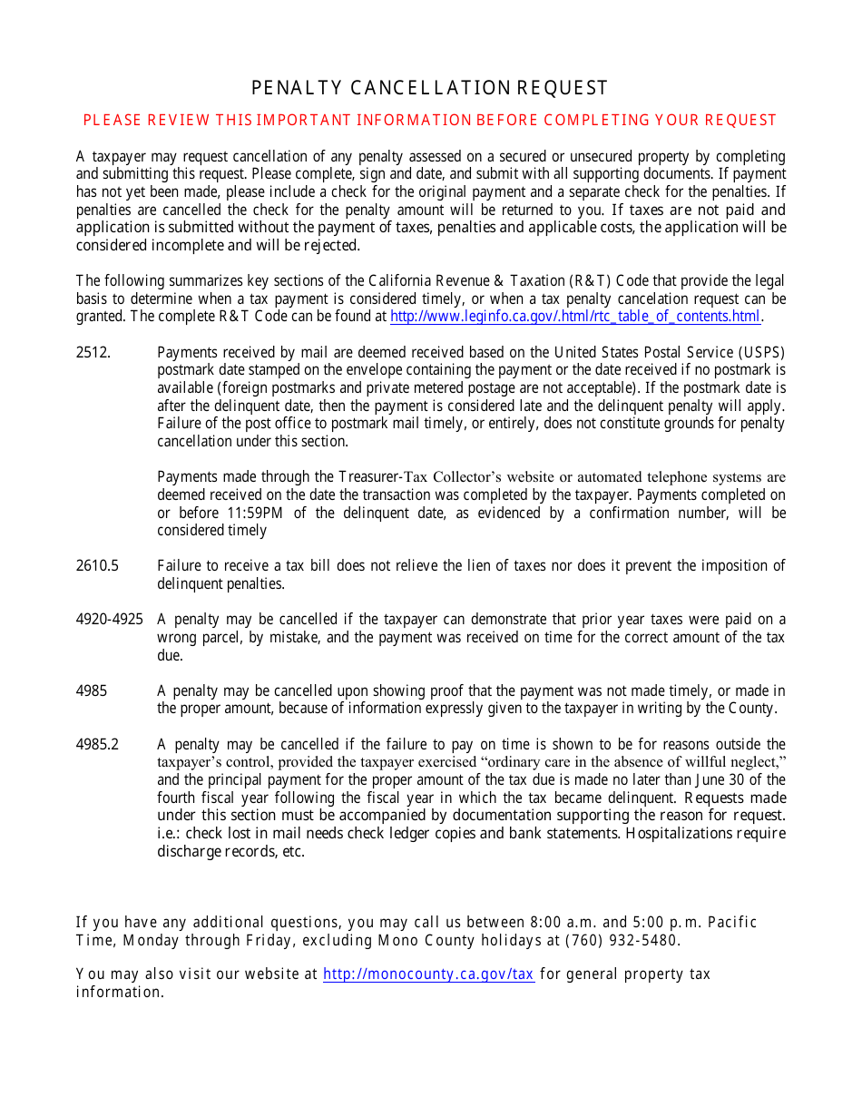 Property Tax Penalty Cancellation Request - Mono County, California, Page 2