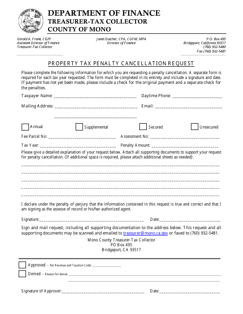 Property Tax Penalty Cancellation Request - Mono County, California Download Pdf