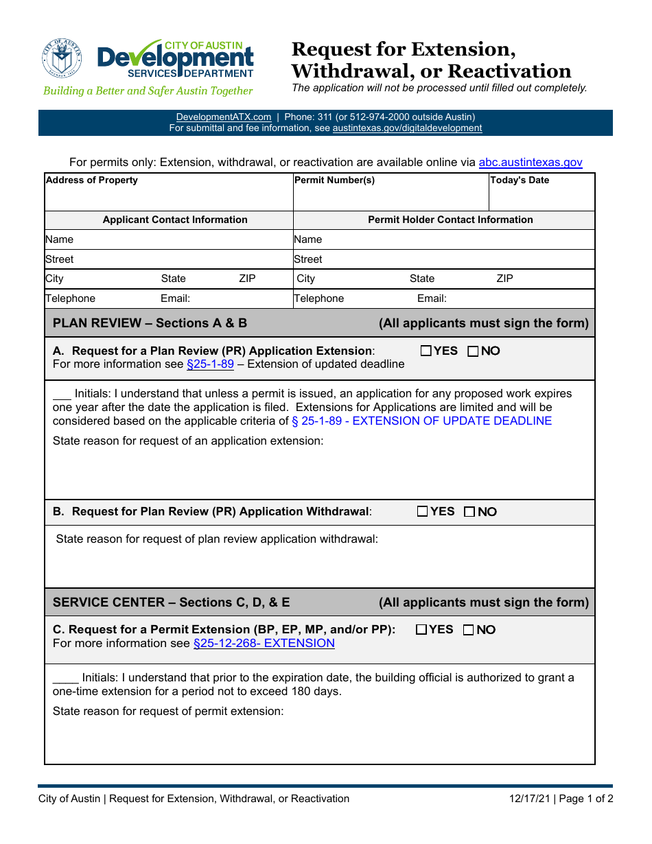 Request for Extension, Withdrawal, or Reactivation - City of Austin, Texas, Page 1