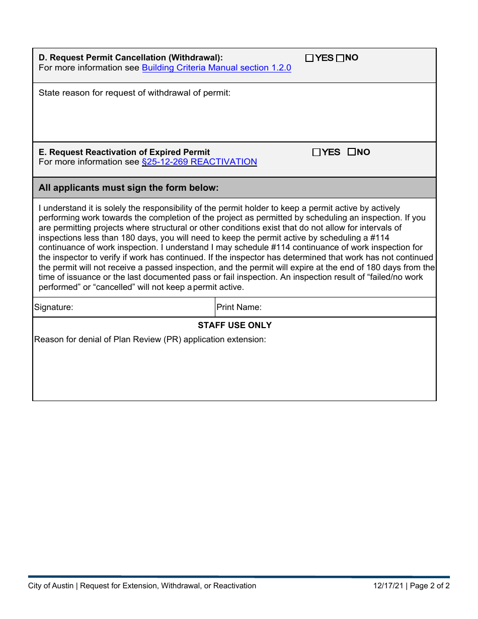 Request for Extension, Withdrawal, or Reactivation - City of Austin, Texas, Page 2