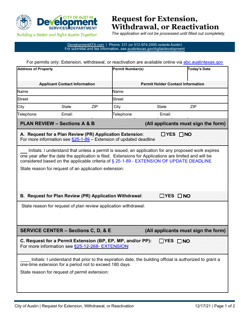 Request for Extension, Withdrawal, or Reactivation - City of Austin, Texas Download Pdf