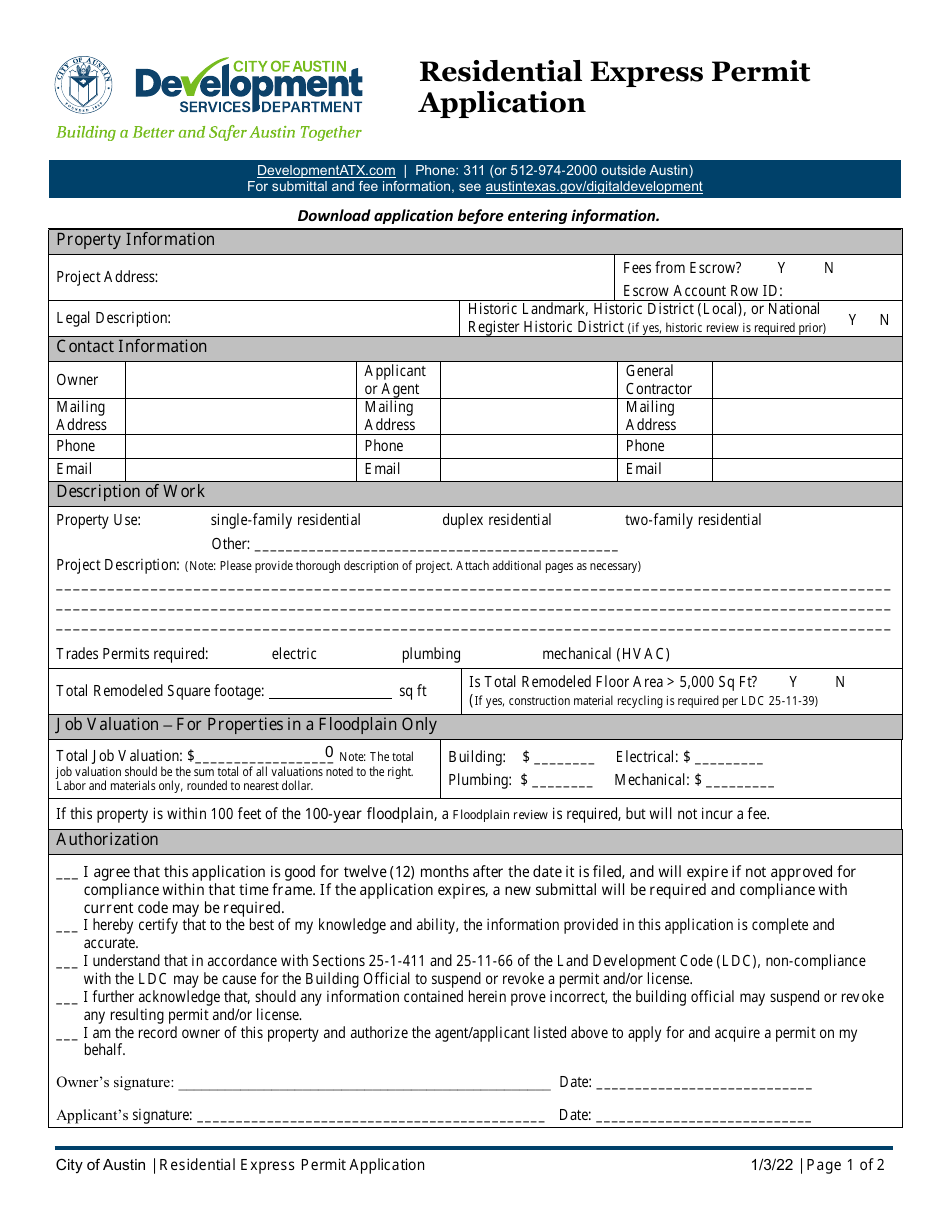 Residential Express Permit Application - City of Austin, Texas, Page 1