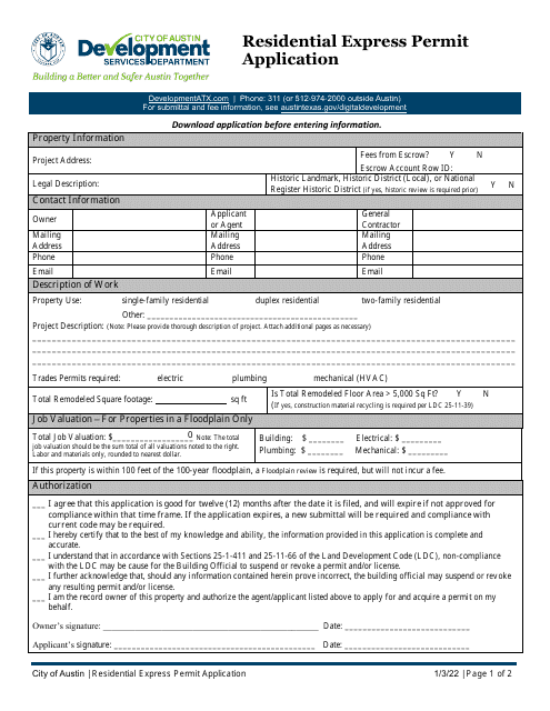 Residential Express Permit Application - City of Austin, Texas Download Pdf