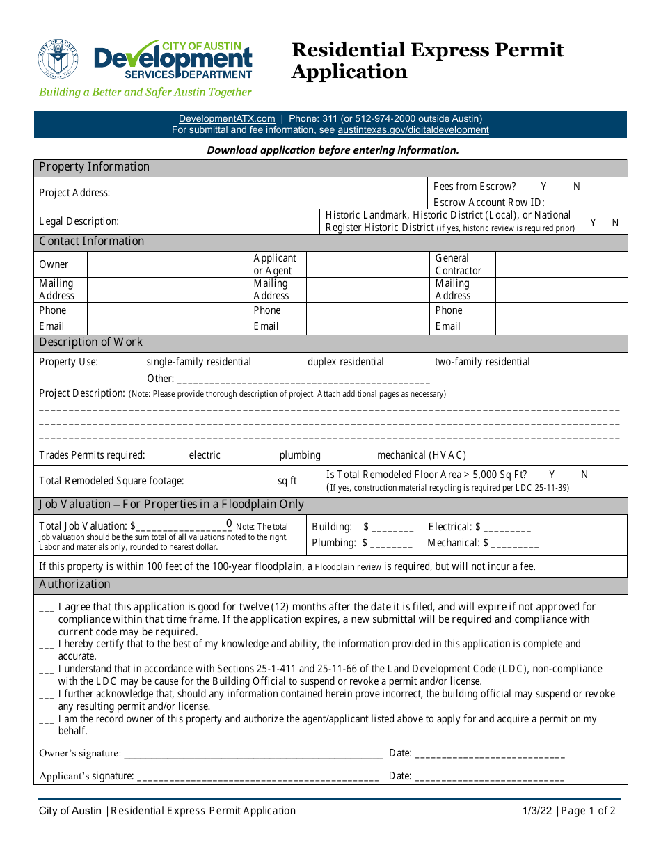City of Austin, Texas Residential Express Permit Application Fill Out