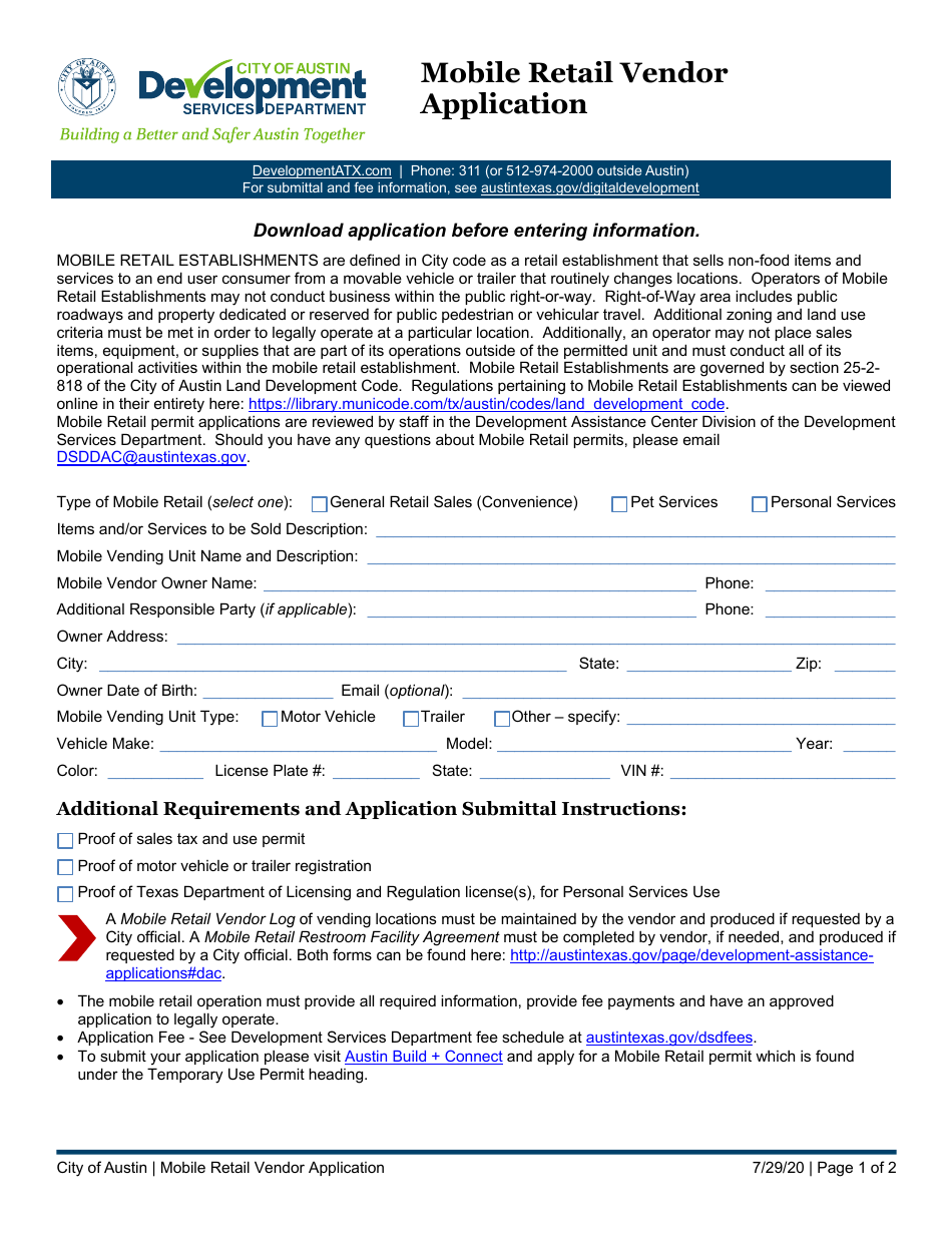 City of Austin, Texas Mobile Retail Vendor Application - Fill Out, Sign ...