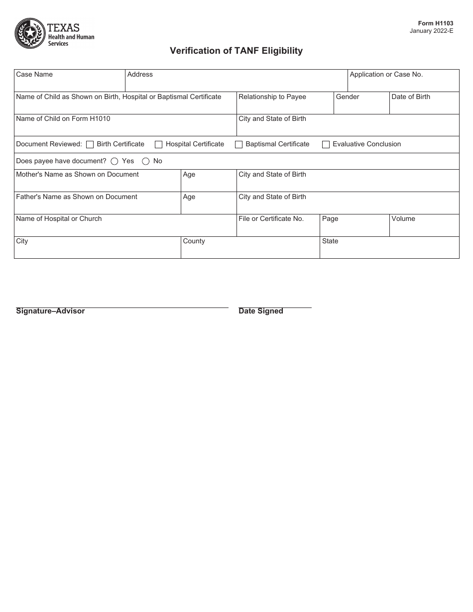 Form H1103 Verification of TANF Eligibility - Texas, Page 1