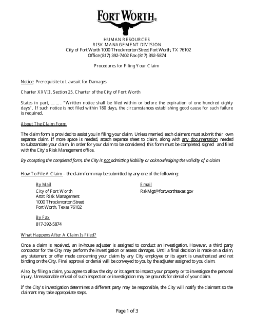 Claim for Damages - City of Fort Worth, Texas Download Pdf