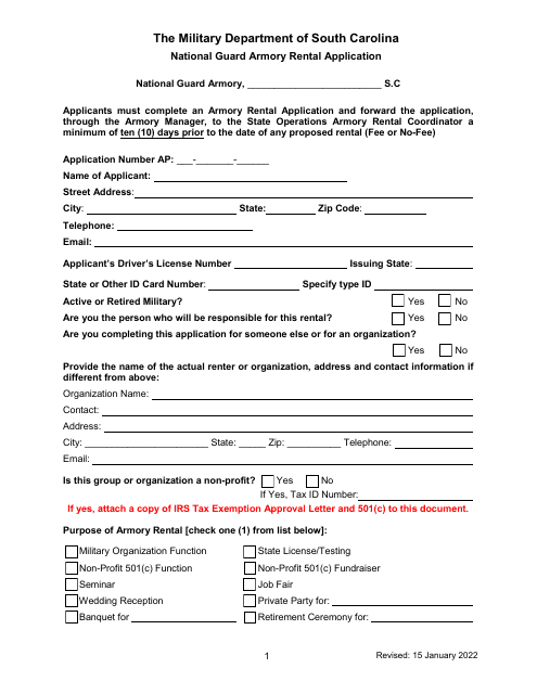 National Guard Armory Rental Application - South Carolina