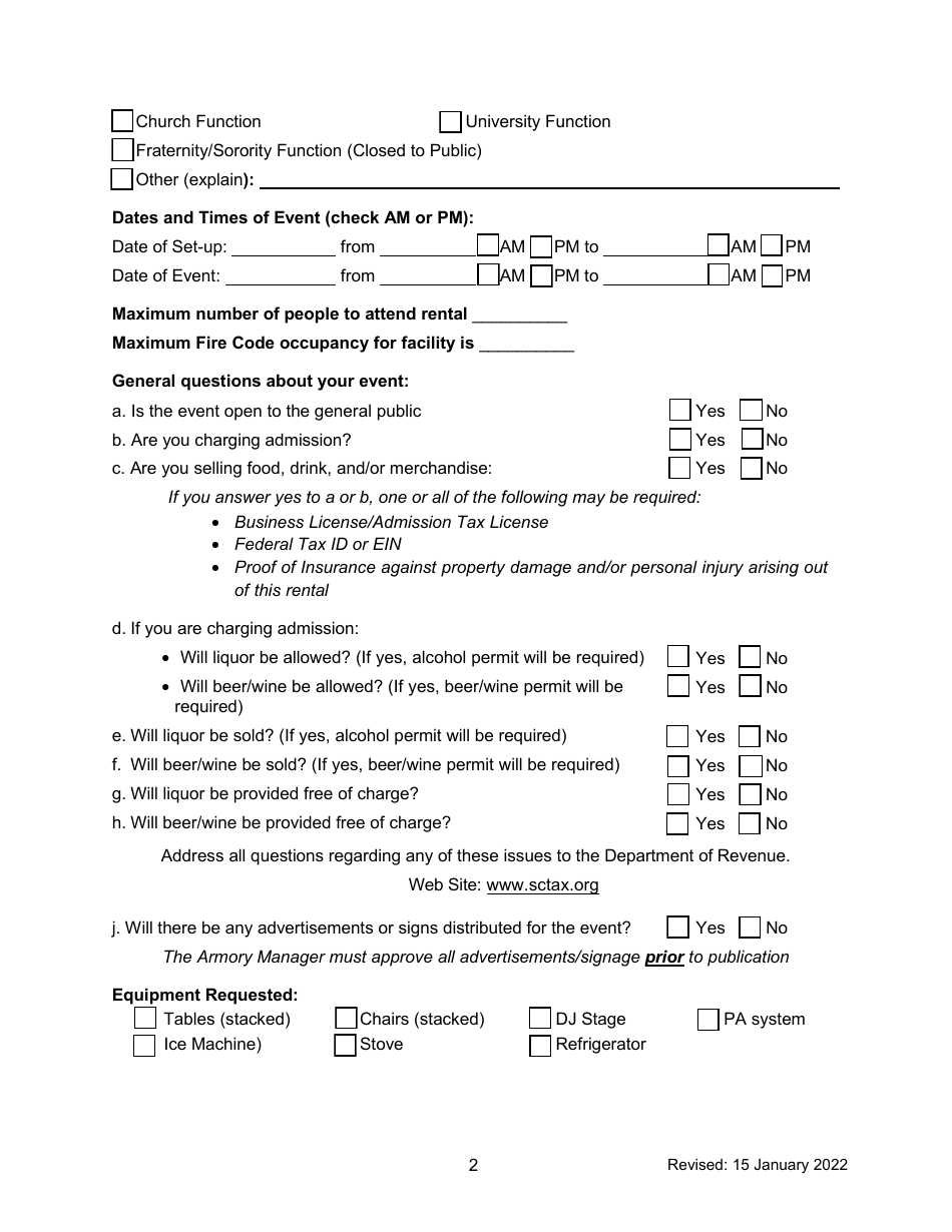 National Guard Armory Rental Application - South Carolina, Page 2
