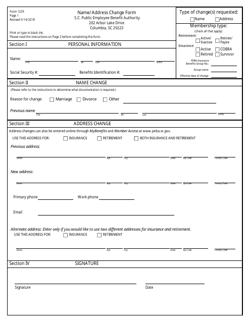 Form 1239 Name/Address Change Form - South Carolina
