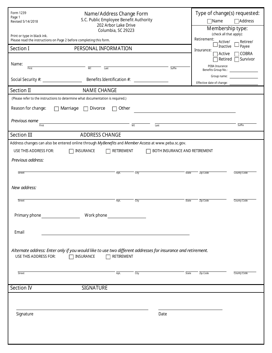 Form 1239 Name / Address Change Form - South Carolina, Page 1