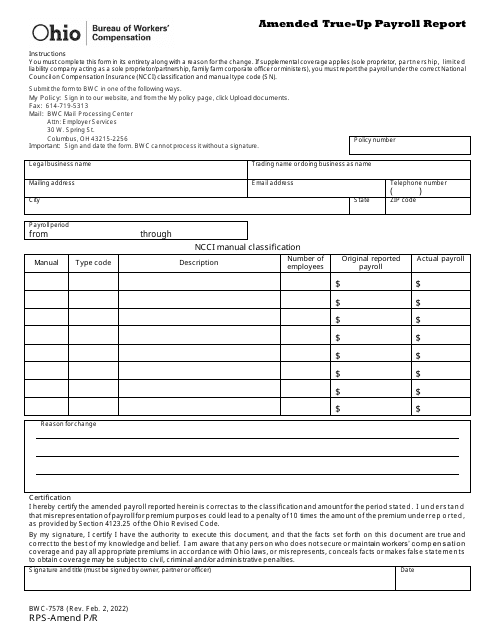Form BWC-7578 Amended True-Up Payroll Report - Ohio