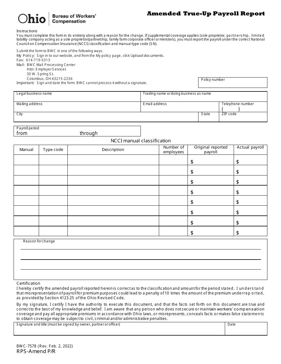 Form BWC-7578 Amended True-Up Payroll Report - Ohio, Page 1
