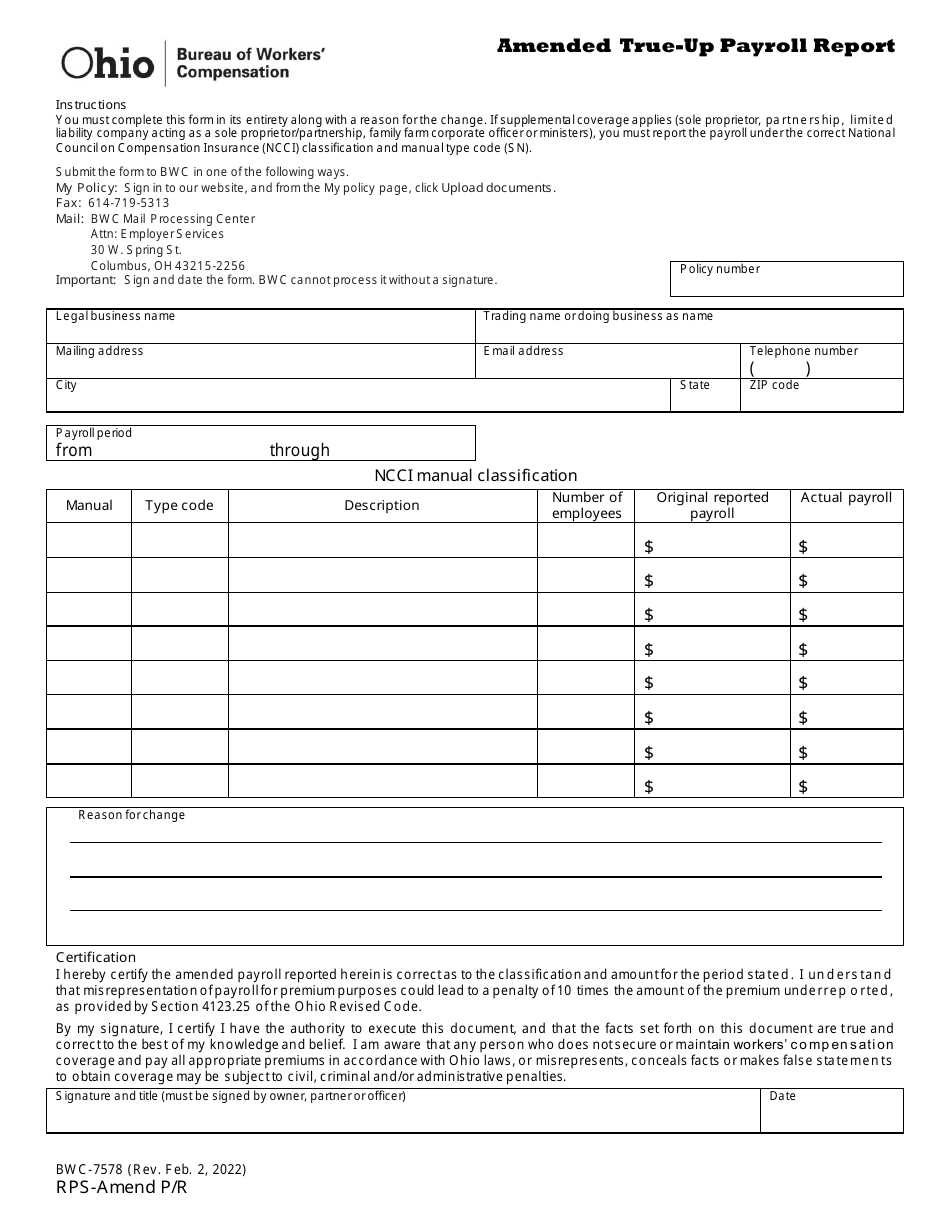 Form BWC-7578 - Fill Out, Sign Online and Download Printable PDF, Ohio | Templateroller