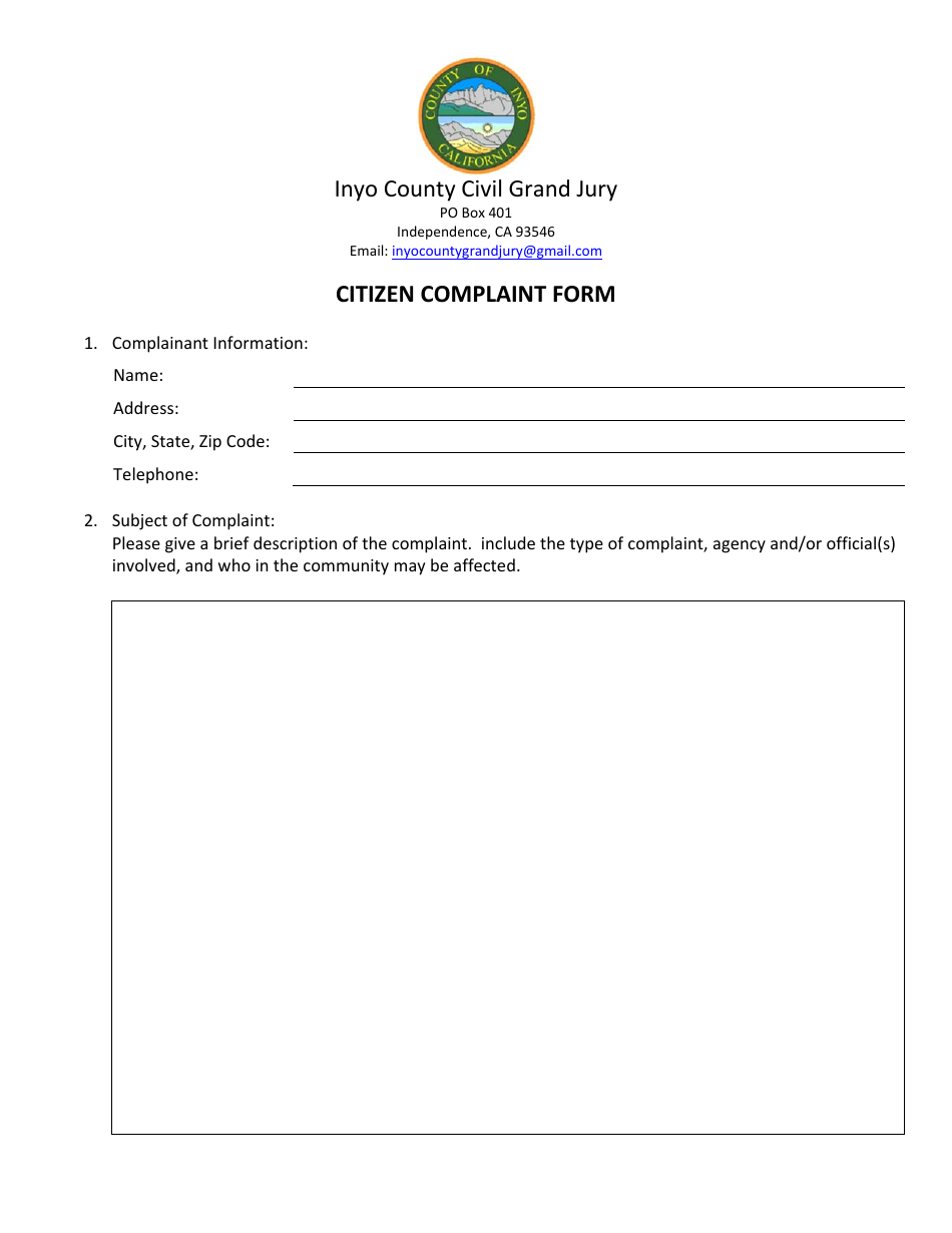Citizen Complaint Form - County of Inyo, California, Page 1