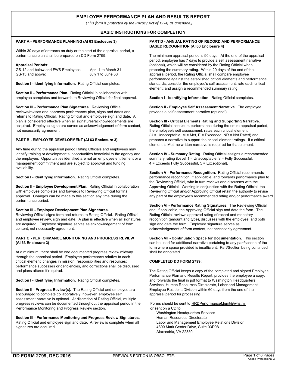 DD Form 2799 Employee Performance Plan and Results Report, Page 1