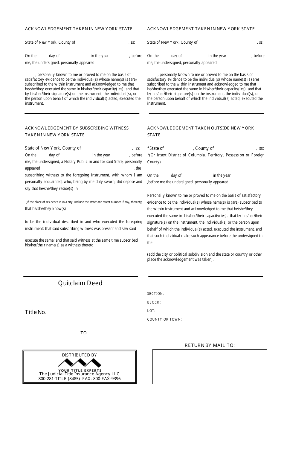 Standard N.y.b.t.u. Form 8004 - Quitclaim Deed - Uniform Acknowledgment - the Judicial Title Insurance Agency Llc - New York, Page 2
