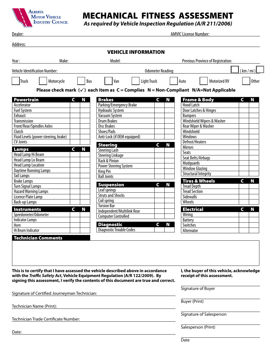 Mechanical Fitness Assessment Form - Alberta, Canada, Page 1