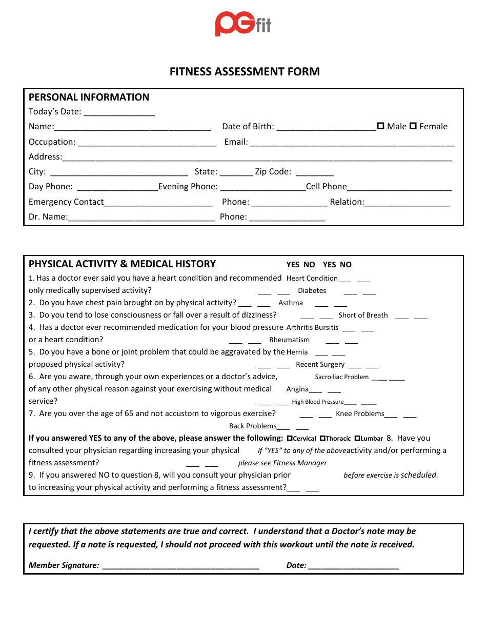 Fitness Assessment Form - Pg Fit, Page 1