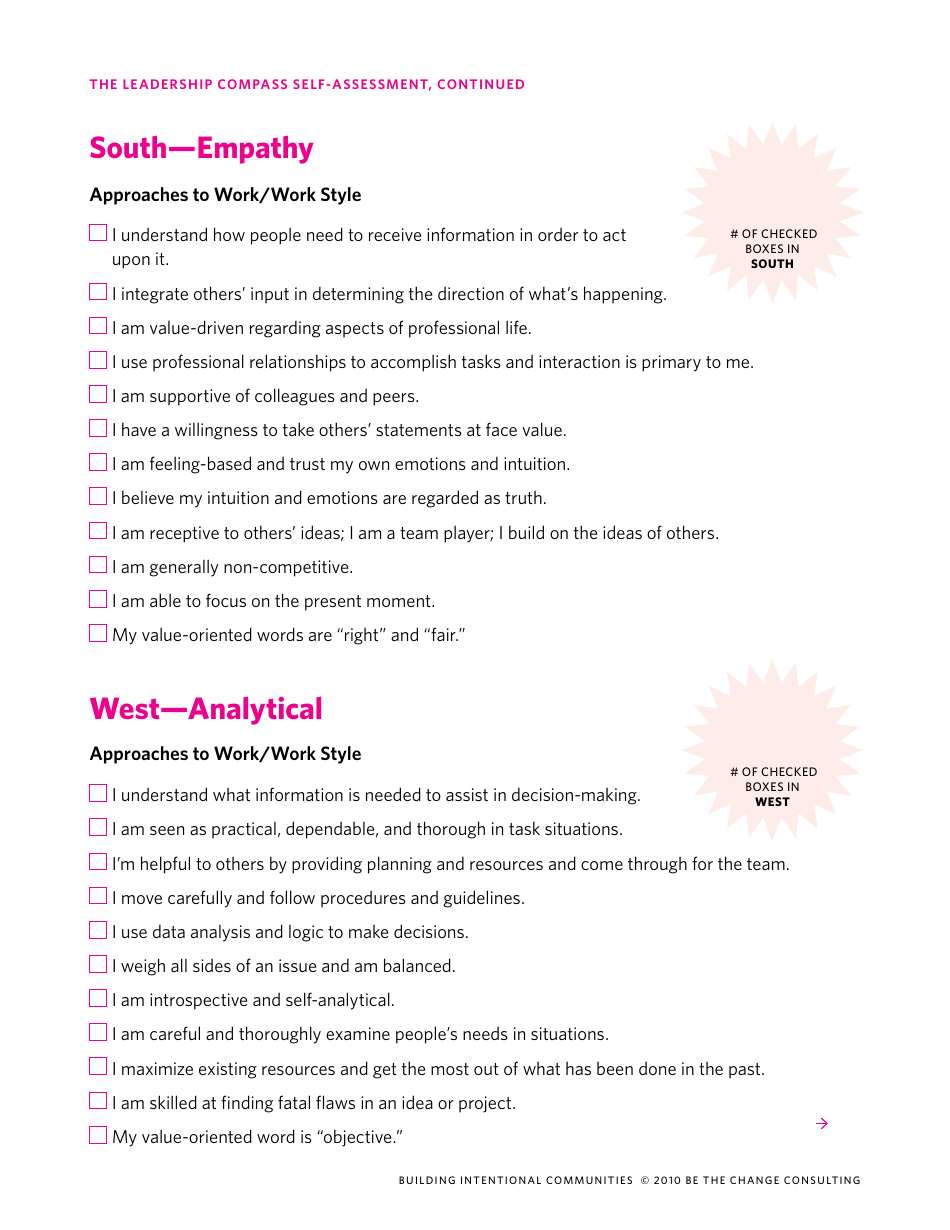 The Leadership Compass Self-assessment Form - Building Intentional Communities, Page 3