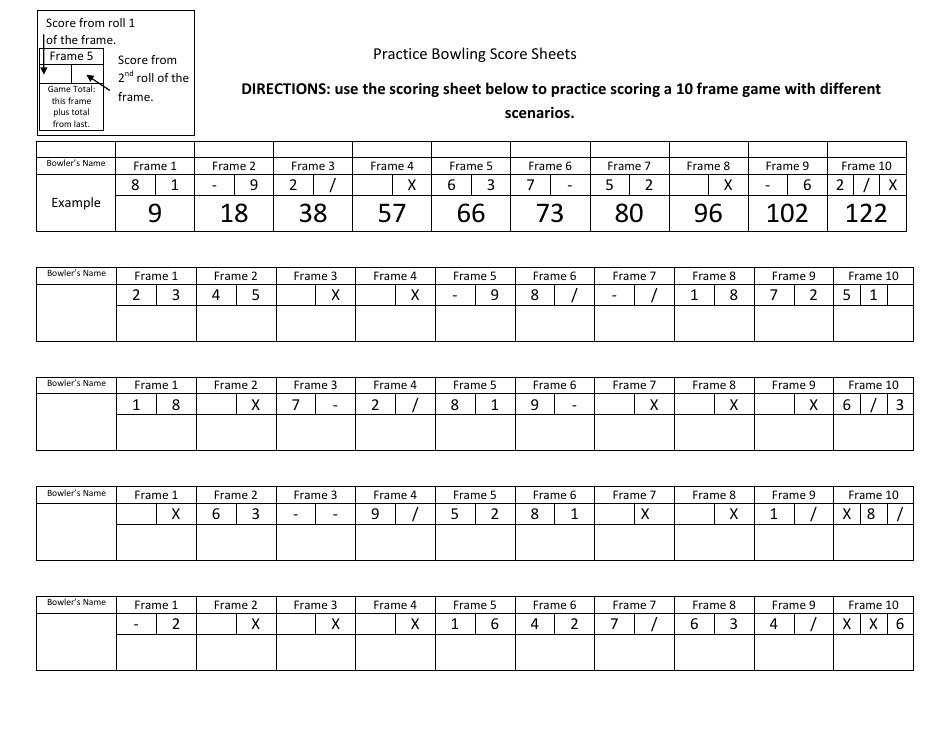 Practice Bowling Score Sheet Template, Page 1